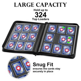 GEAoffice Top Loader Binder for Cards, Premium PU Leather 9 Pokcets Card Binder for Toploader Hold 324 Cards, Side Loading Ringless Card Album, Waterproof Card Collection Binder for 3"×4" Rigid, Black