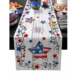 4th of July Table Runner American Flag Stars Table Runners for Dining Room Patriotic Fireworks Retro Independence Day Kitchen Dining Table Decor for Home Party 13x72 Inch