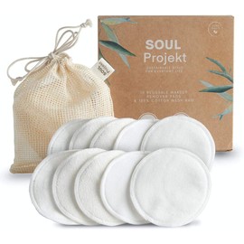 Soul Projekt Reusable Cotton Pads (10 Pack), 100% Organic Bamboo Cotton Face Pad, Washable Makeup Remover Pads, Laundry Bag, Eco Biodegradable No Waste Make Up Wipes, Valentine's Day Gift for Her