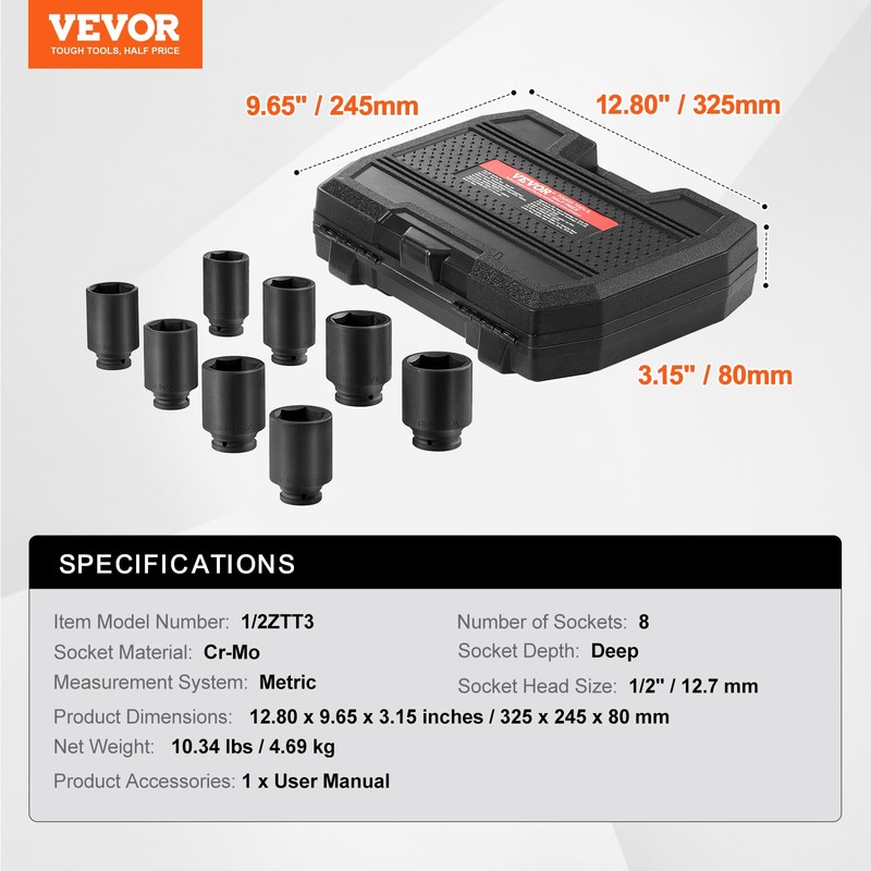 VEVOR Axle Nut Impact Socket Set, 1/2" Drive Deep 12-Point