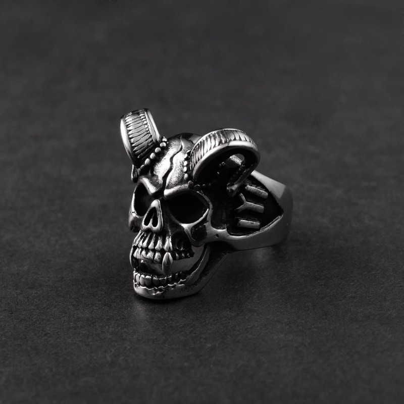 Men's Horn Goat Skull Ring Silver Stainless Steel Statement Ring