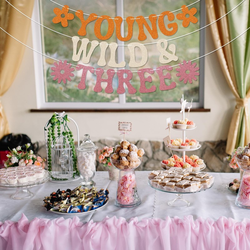 Young Wild & Three Banner - Three Groovy Birthday Decor,