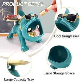 Huhote Resin French Bulldog Tray Statue, Bulldog Candy Dish Key Holder Bowl, French Bulldog Accessories, Statues For Office Desk Home Decor Figurines Entryway Table Decor (Blue Green)