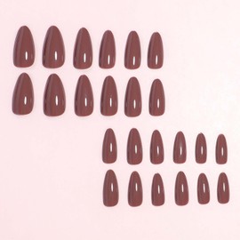 Brown Press On Nails Medium Almond Fake Nails Fall False Nails With Solid Color Design Full Cover Artificial Acrylic Nails Glossy Glue On Stick On Nail for Women Manicure 24pcs