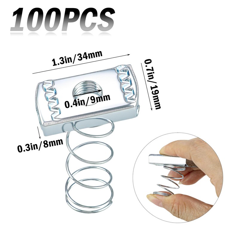 100PCS M10 Spring Channel Nuts, 8mm Thick Zinc Plated Strut