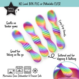 PrimaStella - Juego de cucharas masticables de silicona para bebés y niños pequeños, probado en seguridad, sin BPA, paquete de 6 cucharas para bebé (arco iris de neón)