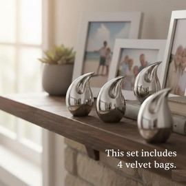 4 Pcs Unique Silver Teardrop Small Keepsake Cremation Urns for Human Ashes Adult for Both Male and Female, Mom Dad Son Women Men Mini Urns,Funeral Small Earns for Ashes with Velvet Bags 3 Inch Size