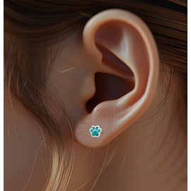 Paw Print .925 Sterling Silver Very Tiny Stud Earrings, 2nd Ear Piercing (Green 002)