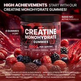 Hofnie Creatine Monohydrate Gummies 5000 mg – Vegan, Sugar-Free Pre Workout Creatine for Men & Women – Raspberry & BlackBerry Flavored Chewable Creatine Monohydrate, 120 Gummies (30-Day Supply)