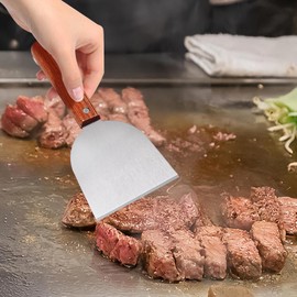Griddle Scraper | Stainless Steel Humburger Turner - Wooden Handle Heavy-Duty Bevel BBQ Scraper for Grill Cleaning, Kitchen Outdoor Cooking Grilling