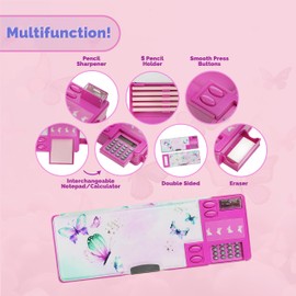ikkshaa Pop Up Butterfly Pencil Case for Girls with Calculator Sharpener Cute School Supplies Multifunction Stationery Organizer Birthday Gift in Box
