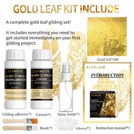 Gilding Adhesive Set, LUVBOATE Gold Leaf Kit, 3.53oz Water Based Adhesive and 3.53oz Varnish with Gold Leaf Sheet 100 pcs, Gold Foil Set for Arts, Craft, Painting, Furniture and Decoration