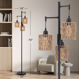 YJSQOEOE Rattan Floor Lamp for Living Room with 3 Lights,Boho Standing Lamps with Rattan Shades, Rustic Black Vintage Standing Light 70" Tall Tree for Office, Reading, Corner, Blub Included