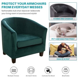 MIFXIN Tub Chair Slipcover 2 Piece Velvet Barrel Club Chair Covers with Cushion Cover Stretch Soft Washable Armchair Sofa Couch Furniture Protector for Living Room Hotel (Emerald Green)