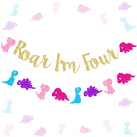 Dinosaur 4th Birthday Party Decorations Girl - Roar I'm 4 Banner and Dinosaur Garlands, Pink Dinosaur Birthday Decorations, Jungle Safari Dino 4th Four Ever Wild Birthday Party Decorations