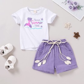 YOUNGER TREE Toddler Baby Girl Summer Clothes Mermaid Printed T-shirt Purple Shorts with Cute Belt Girls Outfit Clothing (Mermaid, 4-5 Years)
