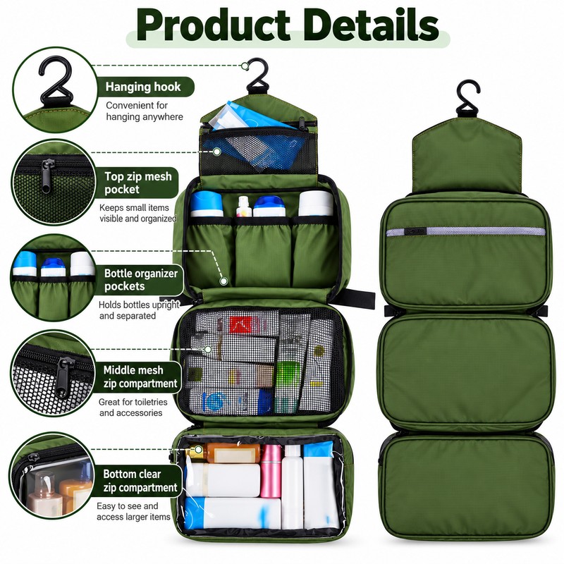 Hanging Toiletry Bag for Travel – Waterproof Foldable Organizer for