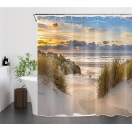 LB Beach Shower Curtain 180 x 200 cm Sunset Landscape Tropical Island Anti-Mould Waterproof Bathroom Curtains, Seascape Extra Long Polyester Fabric Bathroom Curtain with Hooks