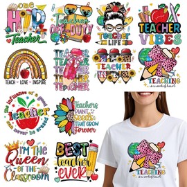 Falueqg Teachers Iron on Transfers for Tshirts - 12Pcs Dtf Transfers Ready to Press, Teacher's Day Iron on Decals Patches Stickers, Vintage Leopard Heat Transfer for DIY Teachers Appreciation Gifts