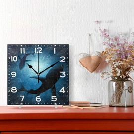 Naanle 3D Magic Two Sharks Swimming Foraging Under Water Print Square Wall Clock Decorative, 8 Inch Battery Operated Quartz Analog Quiet Desk Clock for Home,Office,School