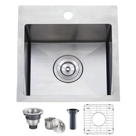 VAPSINT 15x15 Inch Drop In Bar Sink, Topmount Single Bowl Handmade 16 Guage Stainless Steel Small Kitchen Sink for Wet Bar Prep RV Outdoor with Accessories