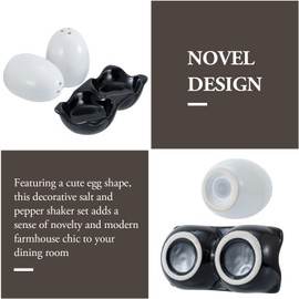 MyGift Farmhouse Novelty Egg Shaped Ceramic Salt and Pepper Shaker Set, Cute Mini White Eggs Spice Dispenser Duo with Chic Black Carton Design Holder Dish