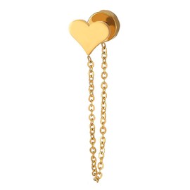 2pcs Womens Girls Stainless Steel Gold Heart Stud Earrings with Dangling Long Chain Link, Screw Back