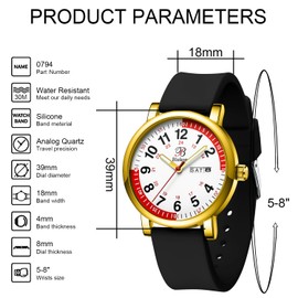 Blekon Pulsometer Nurse Watch with Secondhand – Scrub Matching Band Colors for Medical Professionals – Super Easy to Read Dial w/Day and Date Indicator, Waterproof Watch (Gold/Black)