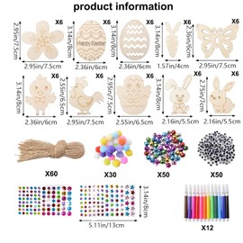 Pack of 264 Wooden Pendants Easter for Painting, Easter Crafts Wood with Cord, Easter Decoration Crafts Children Wood, DIY Pendant Easter, Decorative Pendant Wooden Easter, Easter Pendant Wood