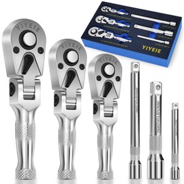 YIYEIE Stubby Flex Head Ratchet Set, 6PCS Stubby Ratchet Set 1/4 3/8 1/2 inch with 3 Extension Bars, 72 Tooth Reversible & Quick-Release, 180° Swivel Head Mini Handle with EVA Foam