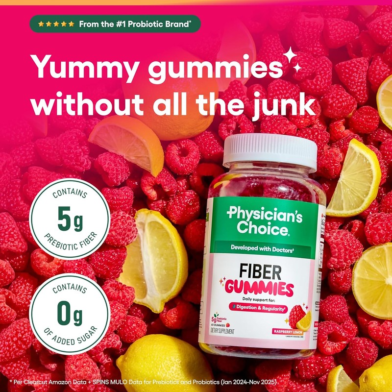 Raspberry Lemon Digestive Fiber Gummies – Sugar-Free, Vegan, Prebiotic Support,