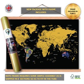 Global Walkabout Scratch Off Map with Flags background with wooden poster frame mount in tube – Deluxe Travel Size World Map Poster with frame – Frame with leather strap – Travel Gift (Black)