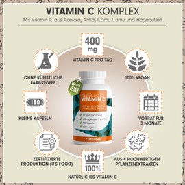 Natural Vitamin C - 540 Capsules - with 400 mg Vitamin C from Amla, Acerola, Camu Camu & Rose Hips per Day - Vitamin C Complex - 100% Vegan - Laboratory Tested with Certificate - Supply for 9 Months