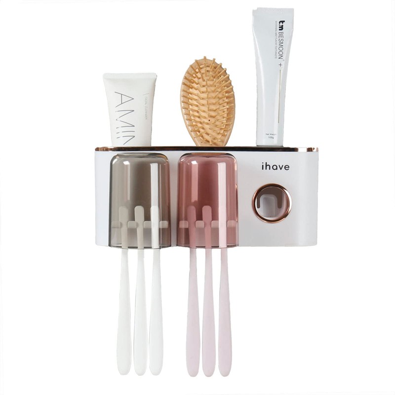 iHave Toothbrush Holders Bathroom Decor with Toothpaste Dispenser, 2 Cups