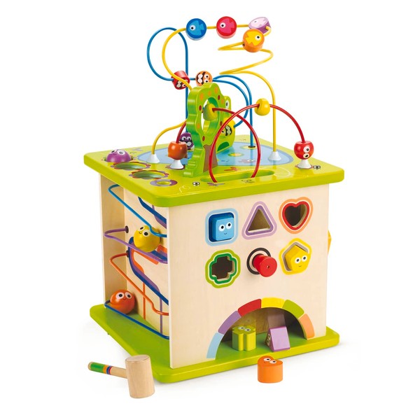 Country Critters Wooden Activity Play Cube by Hape | Wooden Learning Puzzle Toy for Toddlers, 5-Sided Activity Center with Animal Friends, Shapes, Mazes, Wooden Balls, Shape Sorter Blocks and More, 13.78 x 13.78 x 19.69 inches