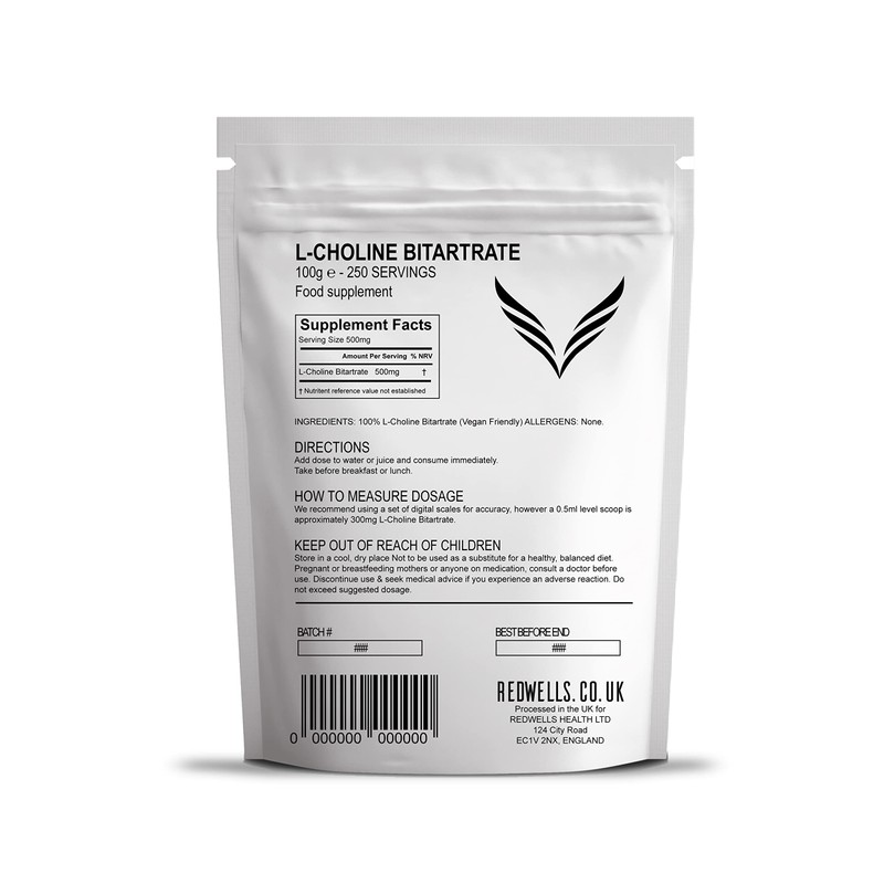 Choline Bitartrate Powder REDWELLS Cognitive Enhancer GMO Free Vegan -
