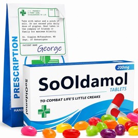 SoOldamol Joke Pill Box with Jelly Beans & Prescription Style Bag - Funny Birthday Gift for Men and Women, Novelty Milestone Birthday Present for Dad, Mum, Husband, Wife or Friend, 40th 50th 60th 70th