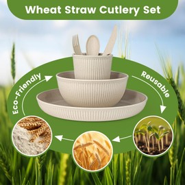 36-Piece Wheat Straw Dinnerware Sets for 6, Farielyn-X Unbreakable Plastic Reusable Set Kitchen Cups, Plates, Bowls Sets & Cultery Dishwasher Microwave Safe - Patio, Outdoors, RV, Camping Dishes