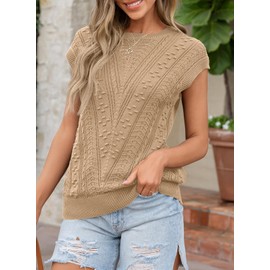 Dokotoo Sweaters Vests for Women Summer Tops Khaki Knit Tank Top for Women Spring Outfits Clothing 2025 Trendy Pullover Sweater Oversized Loose Shirts Fit Crew Neck Cropped Size XX-Large
