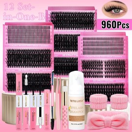 RITALASH 960PCS Spike&Cat Lash D Curl Individual Eyelashes Black Individual Eyelashes Soft And Comfortable Kit With Lash Bond&Seal Lash Remover Tweezers Dual-Ended Brush Shampoo&Brush Headband Wristband For Daily Life & Dates & Party