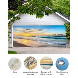 Sunset Beach Spray Garage Door Decorations, Large Hanging Garage Door Cover Banner with Grommets, Sea Sky Ocean Backdrop Door Mural for Indoor Outdoor Party Wall Window Yard, 7x8ft