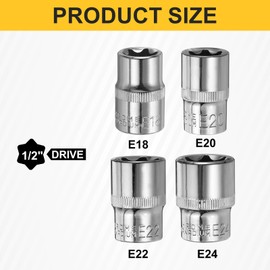 HARFINGTON 4pcs E-Torx Socket 1/2" Drive E18-E24 External Torx Deep Socket CR-V 6 Point Spline Socket Star Female Bit Socket for Auto Repairs Home Maintenance DIY Hand-making 1.5" Length