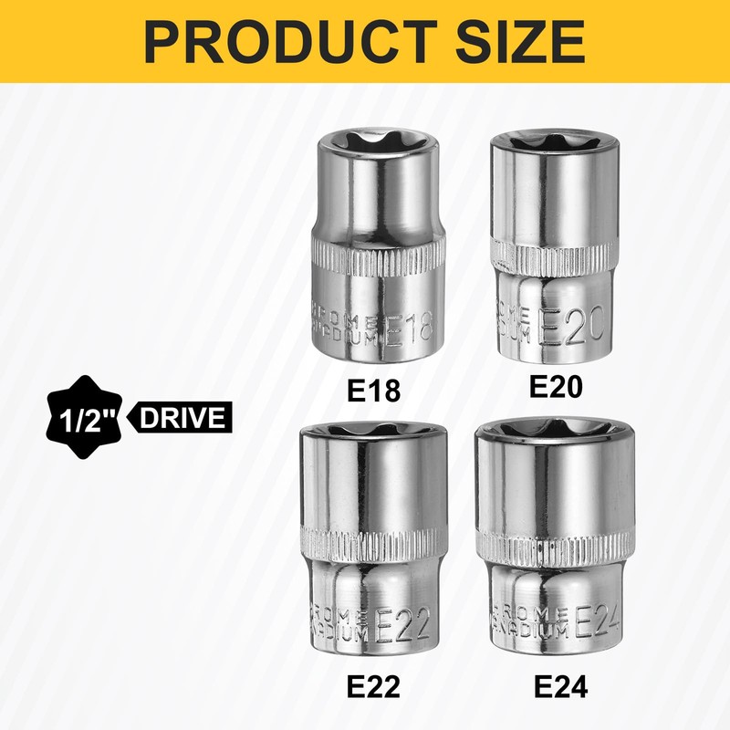 HARFINGTON 4pcs E-Torx Socket 1/2" Drive E18-E24 External Torx Deep