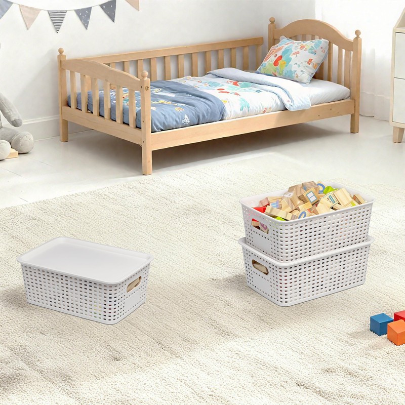 4 Pack Plastic Storage Baskets with Lids and Handles, Stackable