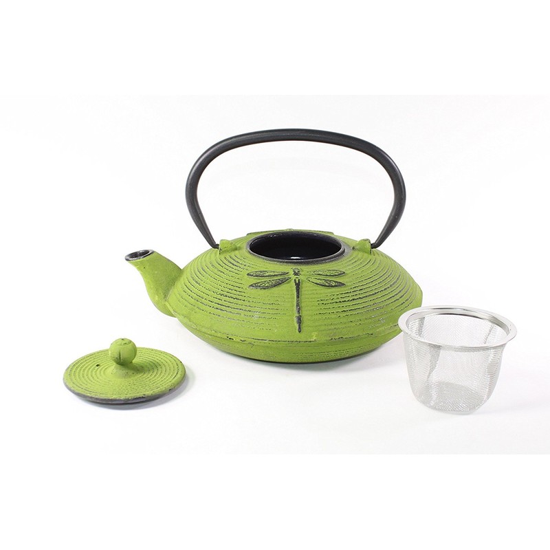 Japanese Antique 27 Fl Oz Green Dragonfly Cast Iron Teapot