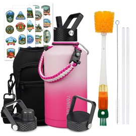 YONICOER Insulated Water Bottle 64oz,Triple Wall Vacuum Stainless Steel(Dishwasher Safe),Leak Proof & Non-BPA,Flask Jug with Paracord Handle & Straw Spout Lids Sports Sakura