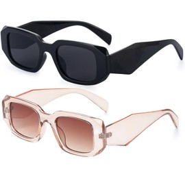 KamQen 2 Pieces Y2K Rectangle Sunglasses for Women Men Trendy Retro Square UV Protection Black Shades