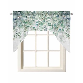 Sage Green Eucalyptus Leaves Swag Valances for Kitchen Window, Spring Floral Botanical Swag Curtains Drapes for Bedroom Bathroom Over Sink Rod Pocket Window Treatment Printed Valances, 56x36 Inch
