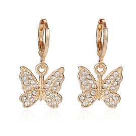 Charm Butterfly Hoop Stud Earrings Gold Silver Crystal Butterfly Drop Dangle Earrings for Women Jewelry (Gold)