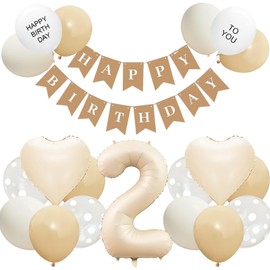 GRESATEK Birthday Balloons, Decoration, Number 2, Balloons, Birthday Decoration, Happy Birthday Garland, Heart Balloons, Decoration, Celebration, Party, Boys and Girls, Set of 2, Beige